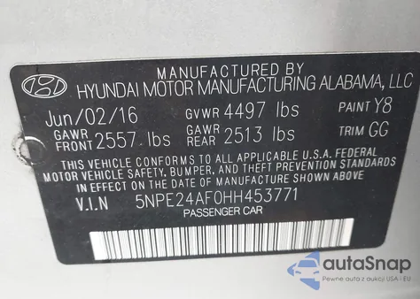 2017 Hyundai Sonata Se z USA, uszkodzony, nr VIN 5NPE24AF0HH453771